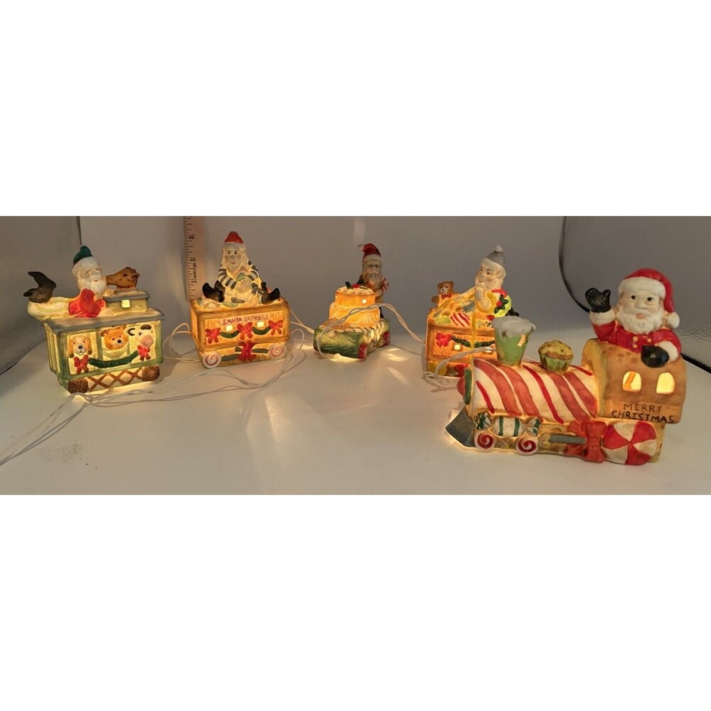 Vintage Santa Elf Christmas Lighted Train Set 5 Pc Ceramic Bisque w/ Box Works